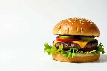 Burger with sesame seed bun isolated on white, lettuce, juicy, cooking