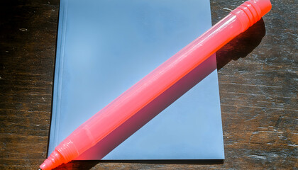 Pink highlighter pen on a light blue notepad rests on a dark wooden surface.  Simple, minimal design.