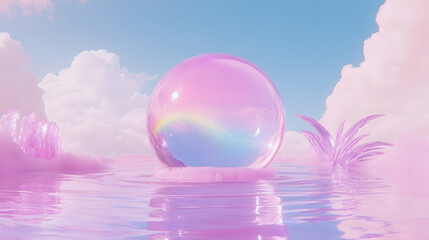 Surreal iridescent bubble floats on pink water, pastel cloudscape backdrop; dreamy, ethereal scene.