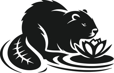 Beaver sniffing a floating lily pad vector