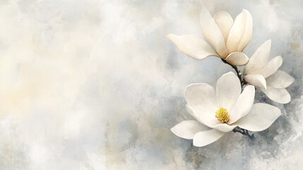 A watercolor painting of three white magnolia blossoms on a light blue background
