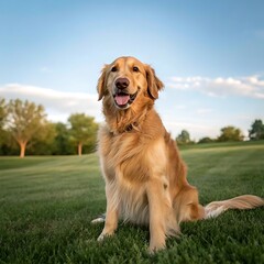 Golden Retriever in a Park at Sunset