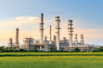 Obraz premium Industrial refinery complex at sunset, contrasting modern technology with natural landscape.