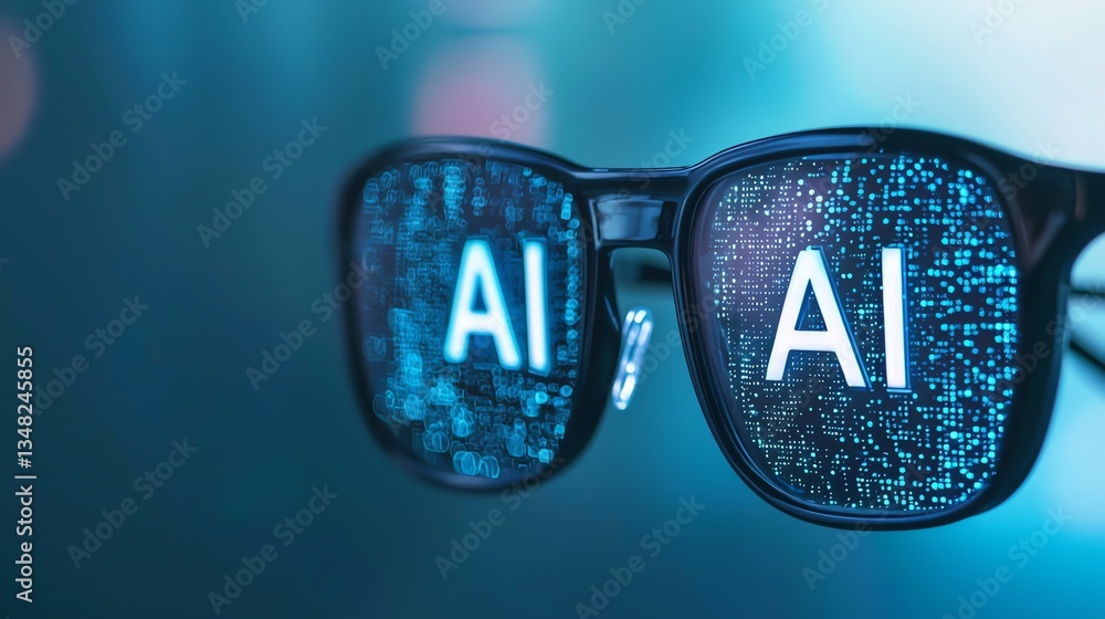Poster glasses reflecting artificial intelligence concept with digital data and future technology