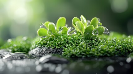 Closeup of Dewy Green Plants Sprouting from Mossy Rocks