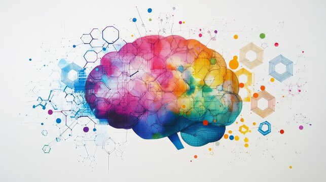 A white background with colorful geometric shapes forming the outline of an abstract brain