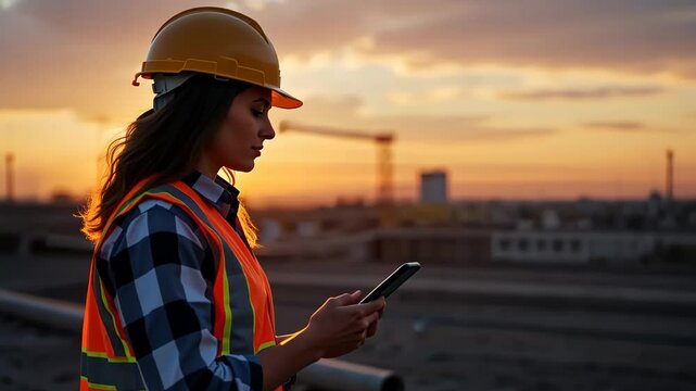  Female construction worker using a smartphone at sunset on a construction site