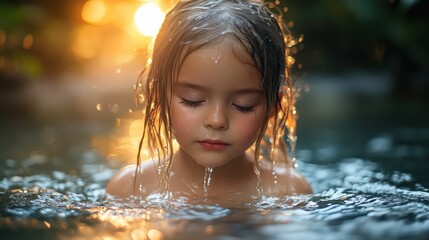 Fototapeta premium Serene Young Girl in Water at Sunset Golden Hour Child Portrait Peaceful Bath