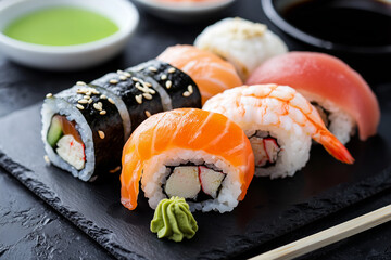 elegant sushi platter arranged on a black slate plate, wasabi and soy sauce on the side, minimalist composition
