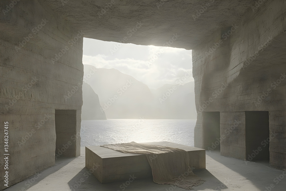 Poster minimalist architecture overlooking a serene ocean vista. a stone platform draped with linen fabric 