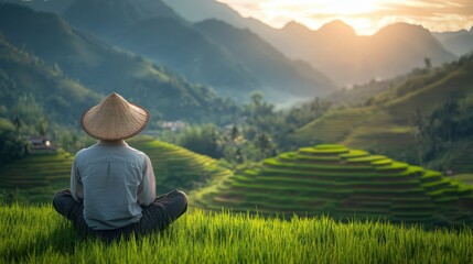 Naklejka premium Serene Asian Farmer Contemplating Rice Terraces at Sunset