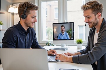 Obraz premium Two Caucasian Young Men Collaborating via Video Call in a Modern Home Office Setting with Laptops and Plants Present in the Workspace