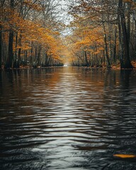 Obraz premium A serene autumn river, with leaves floating gently on the water's surface, reflecting the fiery colors of the trees lining the banks. 
