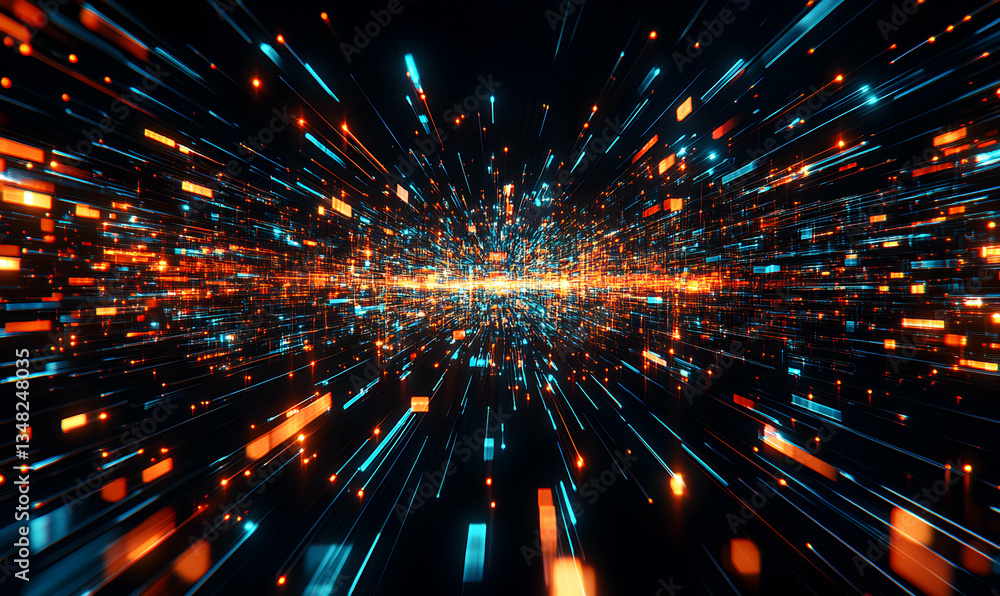 Poster abstract digital data stream, glowing particles and lines converging to the center. perfect for tech
