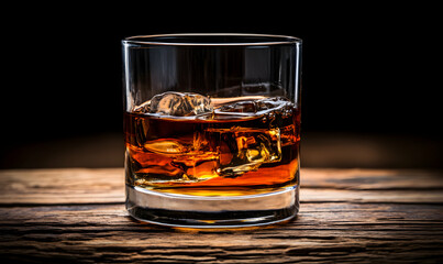 Close-up of amber whiskey on the rocks in a rocks glass, sitting on a rustic wooden surface.  Perfect for beverage, alcohol, or lifestyle concepts.