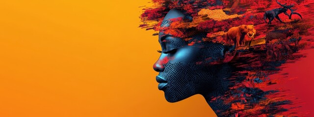 African Woman Portrait Surreal Art: Vibrant Colors and Wildlife Fusion