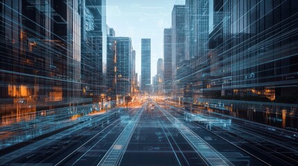 Fototapeta premium Futuristic cityscape street view with digital overlay