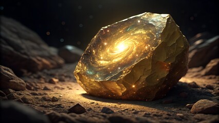 Celestial Stone: An otherworldly celestial stone illuminated with a miniature galaxy, resting on a desolate, rocky terrain, evoking a sense of mystery and cosmic wonder.
