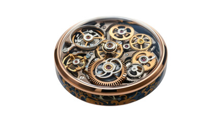 Pocket watch gears rotating showing precise mechanism on transparent background