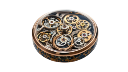 Pocket watch gears rotating showing precise mechanism on transparent background