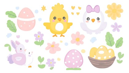 Cute Easter Chicks with Eggs, and Flowers.