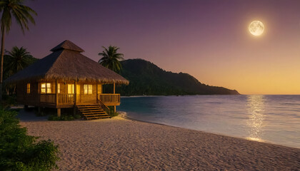 A wooden bungalow, lit by lights, on a sandy beach in the evening.