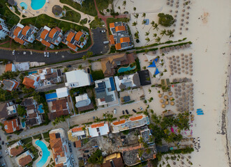 A beach with a town in the background