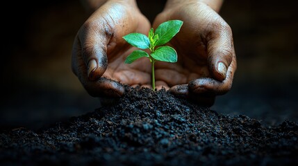 A vibrant close-up of a pair of hands, weathered yet gentle, planting a tiny sapling into the earth, symbolizing hope and care for the future. 