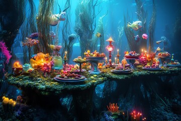 Eye-level angle of a vibrant underwater banquet, fantastical creatures savoring gourmet dishes, bioluminescent decorations, magical seaweed tables