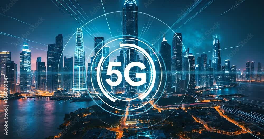 Poster 5g network digital hologram and internet of things. double exposure of cpu 5g. 5g network wireless s