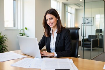 Obraz premium A young adult Hispanic woman in a business suit, smiling while working on a laptop in a modern office environment, with papers scattered on the desk and a bright window view.