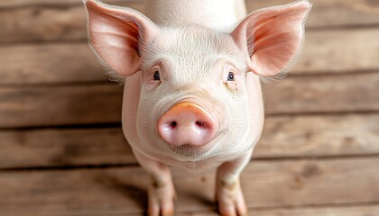 Cute piglet on wooden floor.