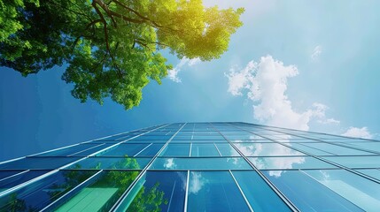 Green building with glass facade and trees, a green business concept, a sustainable corporate environment. 