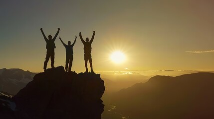 Three silhouettes of people standing on top of a mountain with their arms raised in victory against the backdrop of a sunset.