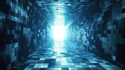 A long, dark tunnel with light at the end, made of blue and white tiles. The walls are covered in tiles of different sizes and shades of blue. 