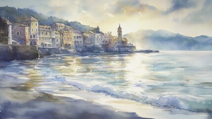 Naklejka premium Coastal town at sunrise. Soft, pastel hues paint a seaside village, gentle waves lapping at the shore