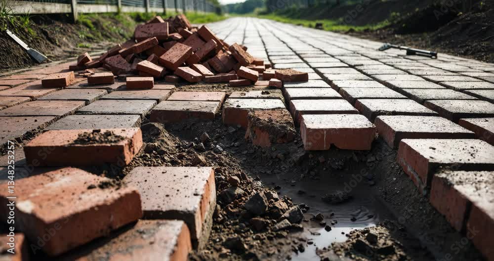 Poster a brick walkway with a pile of bricks on it. the bricks are scattered and some are missing. the walk