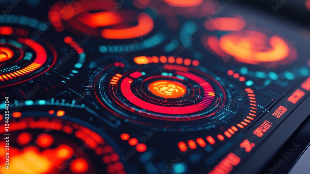 Poster futuristic interface with bright circular elements and layers