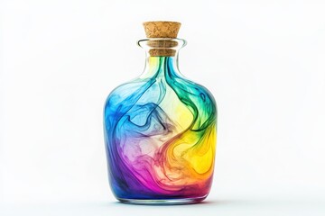 A glass bottle filled with colorful swirling liquid and a cork stopper on a white background