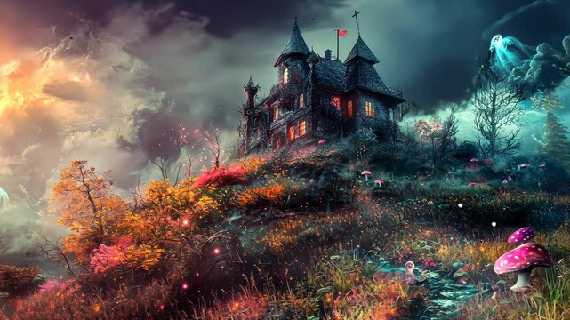Enchanted hillside mansion surrounded by vibrant flora and ethereal spirits at dusk