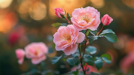 Beautiful soft pink roses blooming in a garden at daytime