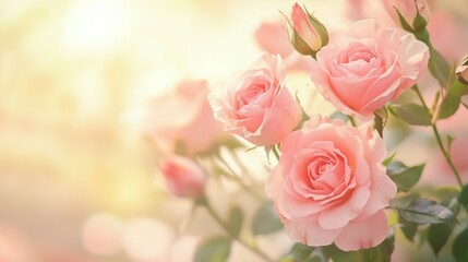 Obraz premium Beautiful soft pink roses blooming with natural sunlight shining through