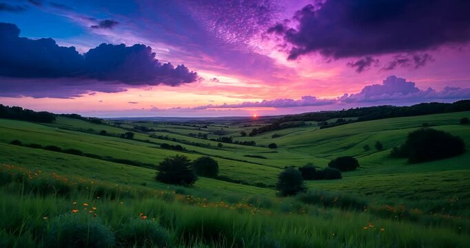 A colorful sunset sky over endless wild green meadows