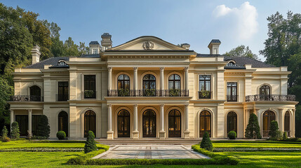 Fototapeta premium A luxurious two-storey mansion in a classic style. The house has a symmetrical facade with columns, arched windows and balconies. peace of mind.