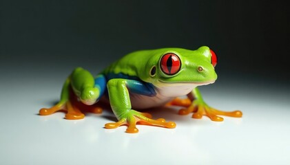 Fototapeta premium Single red-eyed tree frog on pure white, striking contrast, closeup, red, isolated animal