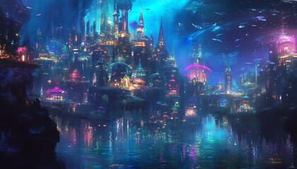 Frontal view of an underwater city where fantasy creatures and scientists collaborate, vibrant colors and shimmering lights, explore the depths