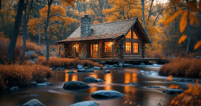 A cozy wooden cabin nestled in the heart of a tranquil forest. Its sturdy timber walls and shingled roof exude rustic charm, while a stone chimney hints at the warmth of a crackling fire within.