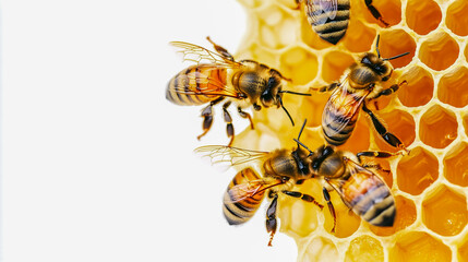 Close-up of bees on a honeycomb, highlighting their intricate details and vital roles in nature, isolated on a white background.