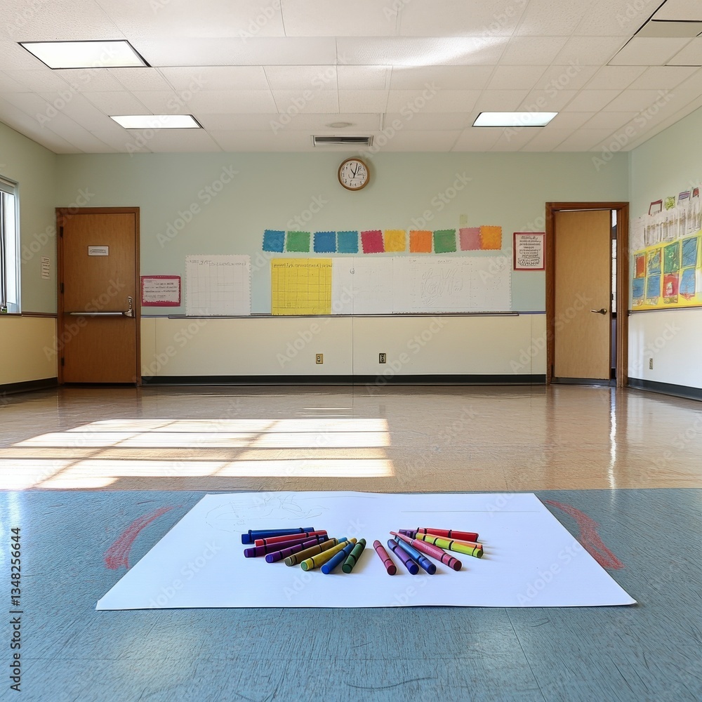 Poster art supplies and drawing on a large sheet of paper in a bright and spacious classroom environment.