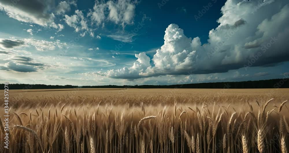 Poster a field of tall grass with a cloudy sky in the background. the sky is mostly cloudy with a few patch